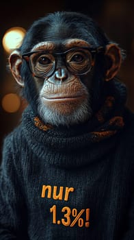 This charming image features a relaxed chimpanzee sporting stylish glasses and a cozy turtleneck sweater that reads "Nur 1.3%!"" The chimp’s intelligent gaze and comfortable demeanor create a whimsical blend of humor and insight, inviting viewers to ponder the curious similarities between humans and our primate relatives."