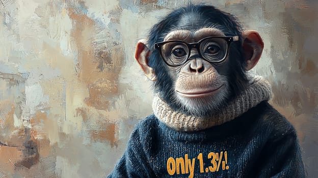 This charming portrait features a relaxed and intelligent-looking chimpanzee wearing stylish glasses and a cozy turtleneck sweater that reads "Only 1.3%!"" The image captures a blend of humor and intellect, highlighting the personality of this delightful primate in a playful and engaging manner."