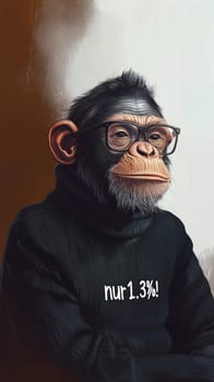This charming image features a relaxed chimpanzee sporting stylish glasses and a cozy turtleneck sweater that reads "Nur 1.3%!"" The chimp’s intelligent gaze and comfortable demeanor create a whimsical blend of humor and insight, inviting viewers to ponder the curious similarities between humans and our primate relatives."