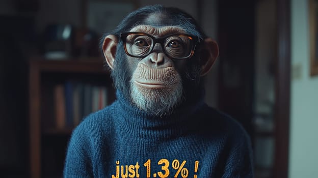 This delightful image showcases a relaxed and intelligent chimpanzee wearing stylish glasses and a cozy turtleneck sweater adorned with the phrase "Just 1.3%!"" The chimp's calm demeanor and thoughtful expression invite viewers to reflect on the intriguing connection between humans and primates, blending humor with a touch of wisdom."