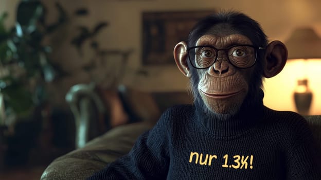 This charming image features a relaxed chimpanzee sporting stylish glasses and a cozy turtleneck sweater that reads "Nur 1.3%!"" The chimp’s intelligent gaze and comfortable demeanor create a whimsical blend of humor and insight, inviting viewers to ponder the curious similarities between humans and our primate relatives."
