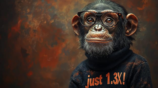 This delightful image showcases a relaxed and intelligent chimpanzee wearing stylish glasses and a cozy turtleneck sweater adorned with the phrase "Just 1.3%!"" The chimp's calm demeanor and thoughtful expression invite viewers to reflect on the intriguing connection between humans and primates, blending humor with a touch of wisdom."