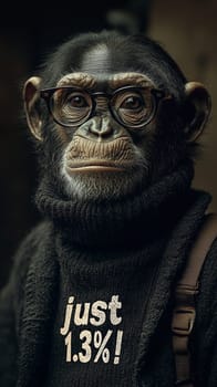 This delightful image showcases a relaxed and intelligent chimpanzee wearing stylish glasses and a cozy turtleneck sweater adorned with the phrase "Just 1.3%!"" The chimp's calm demeanor and thoughtful expression invite viewers to reflect on the intriguing connection between humans and primates, blending humor with a touch of wisdom."
