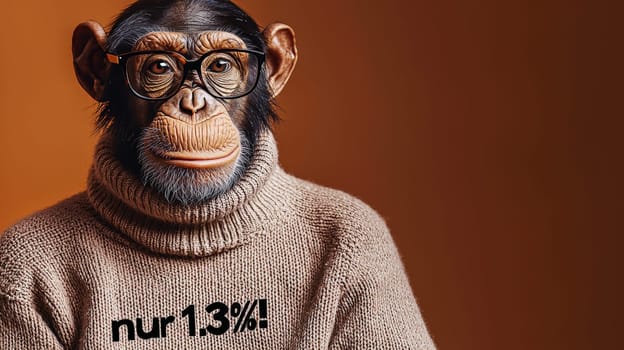 This charming image features a relaxed chimpanzee sporting stylish glasses and a cozy turtleneck sweater that reads "Nur 1.3%!"" The chimp’s intelligent gaze and comfortable demeanor create a whimsical blend of humor and insight, inviting viewers to ponder the curious similarities between humans and our primate relatives."