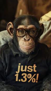 This delightful image showcases a relaxed and intelligent chimpanzee wearing stylish glasses and a cozy turtleneck sweater adorned with the phrase "Just 1.3%!"" The chimp's calm demeanor and thoughtful expression invite viewers to reflect on the intriguing connection between humans and primates, blending humor with a touch of wisdom."