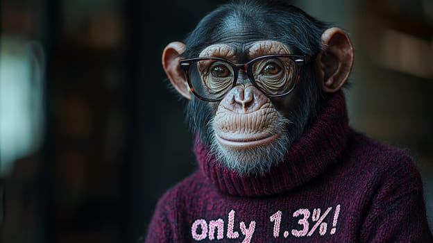 This charming portrait features a relaxed and intelligent-looking chimpanzee wearing stylish glasses and a cozy turtleneck sweater that reads "Only 1.3%!"" The image captures a blend of humor and intellect, highlighting the personality of this delightful primate in a playful and engaging manner."