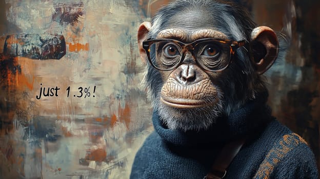 This delightful image showcases a relaxed and intelligent chimpanzee wearing stylish glasses and a cozy turtleneck sweater adorned with the phrase "Just 1.3%!"" The chimp's calm demeanor and thoughtful expression invite viewers to reflect on the intriguing connection between humans and primates, blending humor with a touch of wisdom."