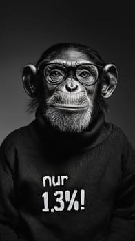 This charming image features a relaxed chimpanzee sporting stylish glasses and a cozy turtleneck sweater that reads "Nur 1.3%!"" The chimp’s intelligent gaze and comfortable demeanor create a whimsical blend of humor and insight, inviting viewers to ponder the curious similarities between humans and our primate relatives."