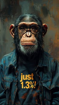 This delightful image showcases a relaxed and intelligent chimpanzee wearing stylish glasses and a cozy turtleneck sweater adorned with the phrase "Just 1.3%!"" The chimp's calm demeanor and thoughtful expression invite viewers to reflect on the intriguing connection between humans and primates, blending humor with a touch of wisdom."