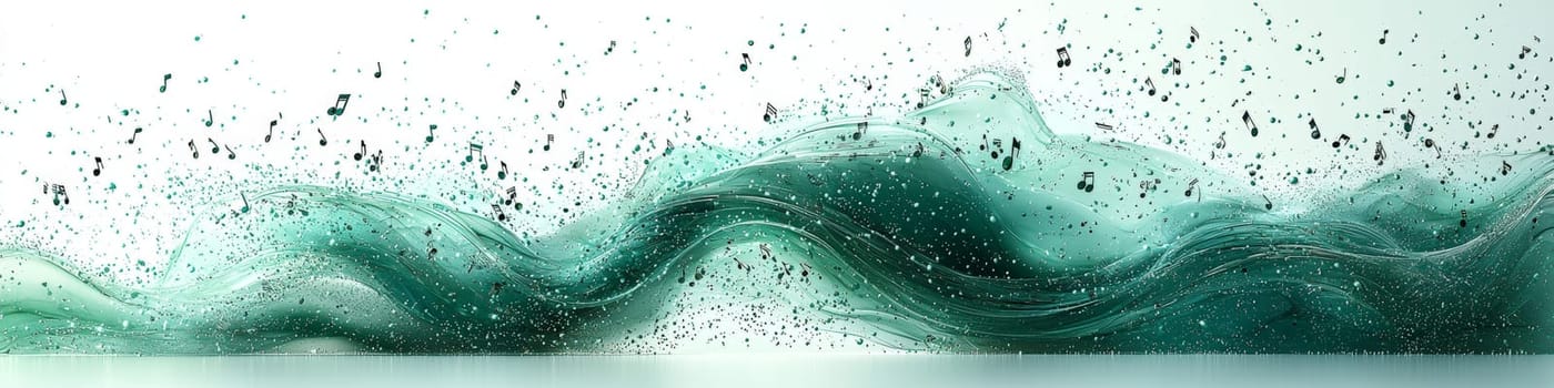 A captivating vector graphic of a twisting green musical staff set against a white background, with musical notes appearing to fall off in 3D space, creating a vibrant and dynamic representation of music in motion.