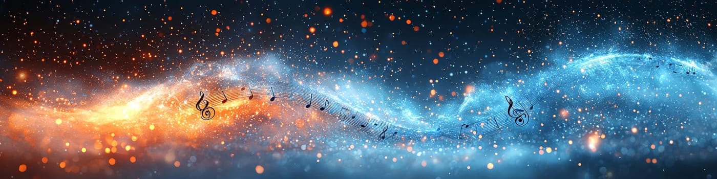 This dynamic vector graphic showcases a twisting musical staff in vibrant shades of blue and orange against a clean white background. Musical notations elegantly fall off the staff, creating a captivating 3D effect that symbolizes the fluidity and creativity of music.