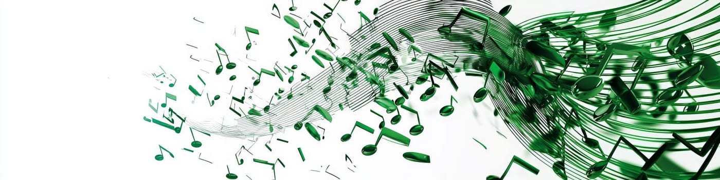 A captivating vector graphic of a twisting green musical staff set against a white background, with musical notes appearing to fall off in 3D space, creating a vibrant and dynamic representation of music in motion.