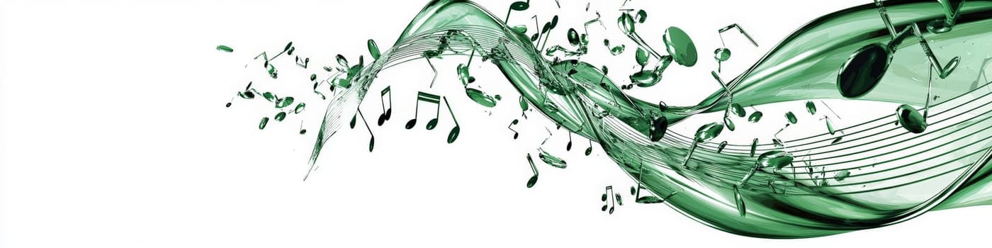 A captivating vector graphic of a twisting green musical staff set against a white background, with musical notes appearing to fall off in 3D space, creating a vibrant and dynamic representation of music in motion.