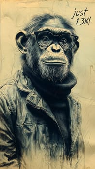 This delightful image showcases a relaxed and intelligent chimpanzee wearing stylish glasses and a cozy turtleneck sweater adorned with the phrase "Just 1.3%!"" The chimp's calm demeanor and thoughtful expression invite viewers to reflect on the intriguing connection between humans and primates, blending humor with a touch of wisdom."