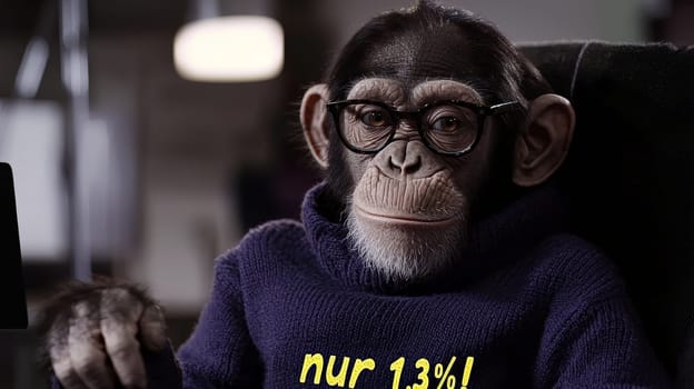 This charming image features a relaxed chimpanzee sporting stylish glasses and a cozy turtleneck sweater that reads "Nur 1.3%!"" The chimp’s intelligent gaze and comfortable demeanor create a whimsical blend of humor and insight, inviting viewers to ponder the curious similarities between humans and our primate relatives."