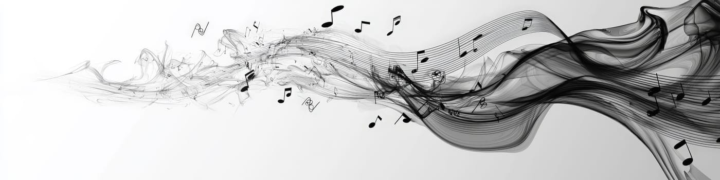 A striking vector graphic featuring a twisting black musical staff against a white background. Musical notations gracefully cascade off the staff in a 3D space, creating a sense of movement and rhythm, symbolizing the beauty of music.