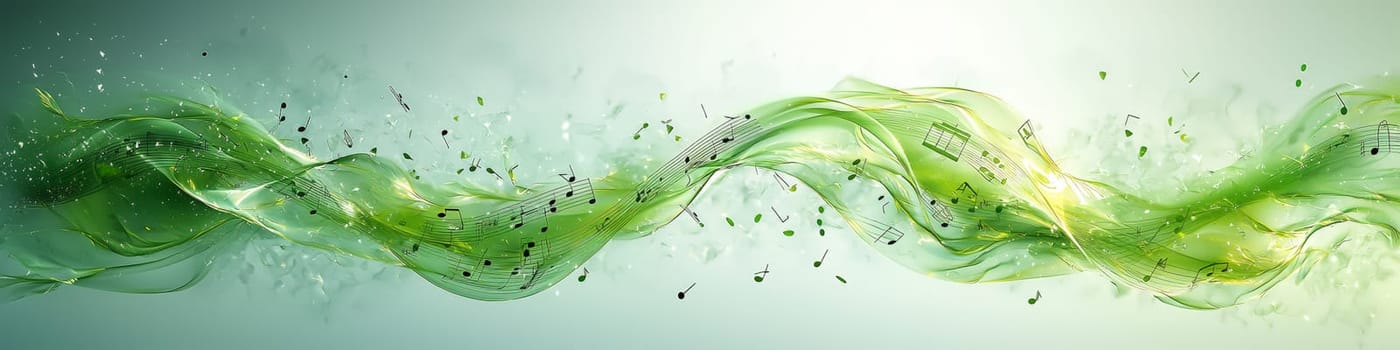 A captivating vector graphic of a twisting green musical staff set against a white background, with musical notes appearing to fall off in 3D space, creating a vibrant and dynamic representation of music in motion.