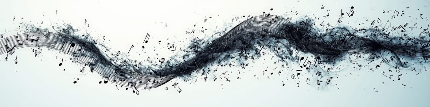 A striking vector graphic featuring a twisting black musical staff against a white background. Musical notations gracefully cascade off the staff in a 3D space, creating a sense of movement and rhythm, symbolizing the beauty of music.