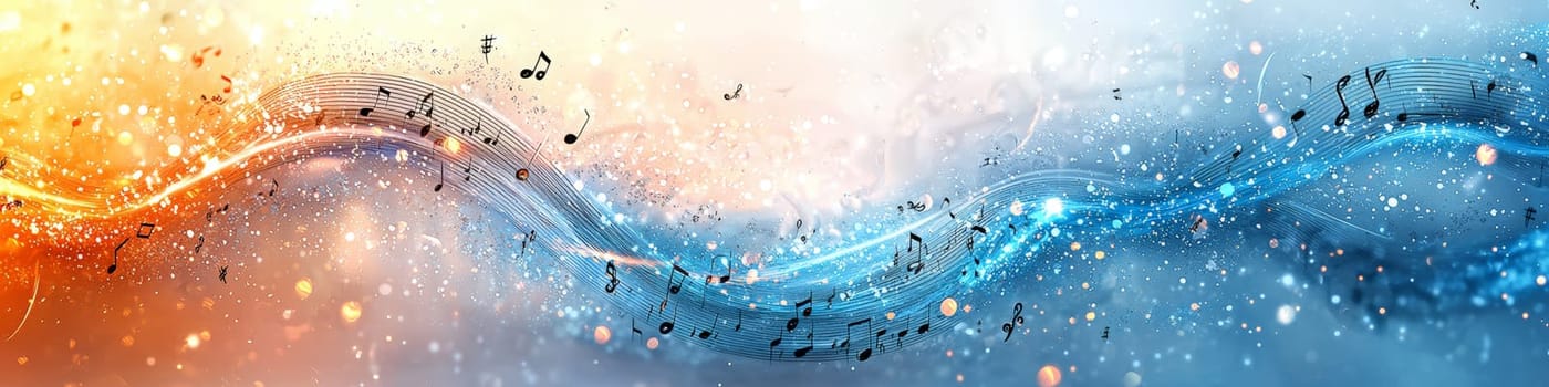 This dynamic vector graphic showcases a twisting musical staff in vibrant shades of blue and orange against a clean white background. Musical notations elegantly fall off the staff, creating a captivating 3D effect that symbolizes the fluidity and creativity of music.