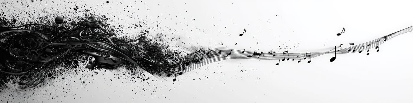 A striking vector graphic featuring a twisting black musical staff against a white background. Musical notations gracefully cascade off the staff in a 3D space, creating a sense of movement and rhythm, symbolizing the beauty of music.