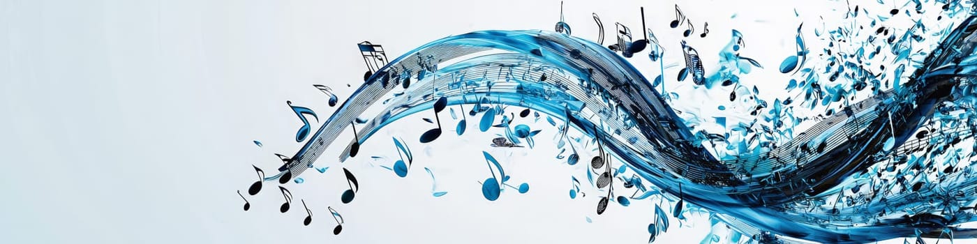 Musical notations appear to cascade off the staff in 3D space, creating a sense of rhythm and motion that brings the composition to life.