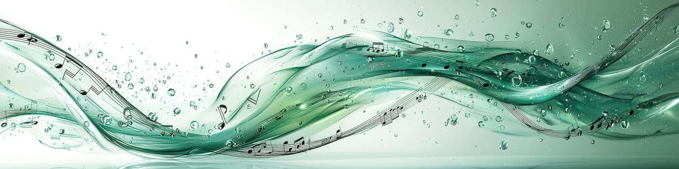 A captivating vector graphic of a twisting green musical staff set against a white background, with musical notes appearing to fall off in 3D space, creating a vibrant and dynamic representation of music in motion.