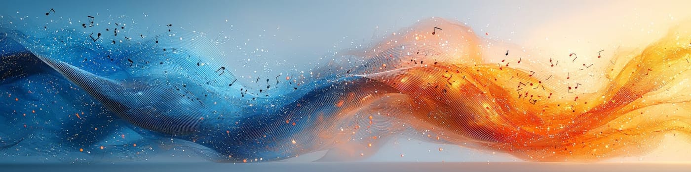 This dynamic vector graphic showcases a twisting musical staff in vibrant shades of blue and orange against a clean white background. Musical notations elegantly fall off the staff, creating a captivating 3D effect that symbolizes the fluidity and creativity of music.