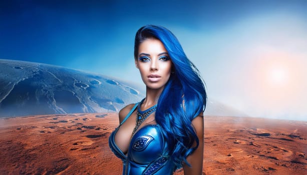 pretty young alien woman in blue dress and hairs, AI generated image