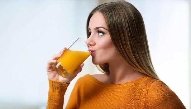 pretty young woman drinking orange juice, AI generated image