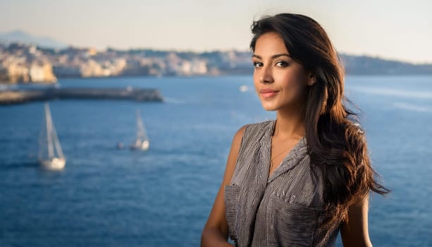 pretty young woman by the sea, AI generated image