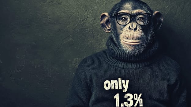 This charming portrait features a relaxed and intelligent-looking chimpanzee wearing stylish glasses and a cozy turtleneck sweater that reads "Only 1.3%!"" The image captures a blend of humor and intellect, highlighting the personality of this delightful primate in a playful and engaging manner."