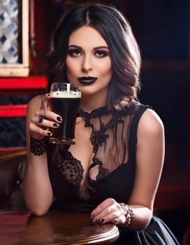 gorgeous young woman drinking beer at the pub, AI generated image