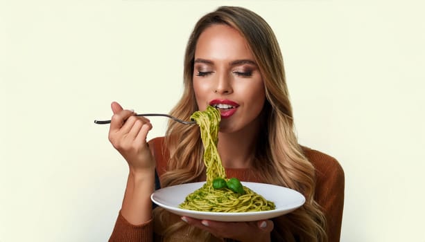 pretty young woman eating spaghetti al pesto, AI generated image