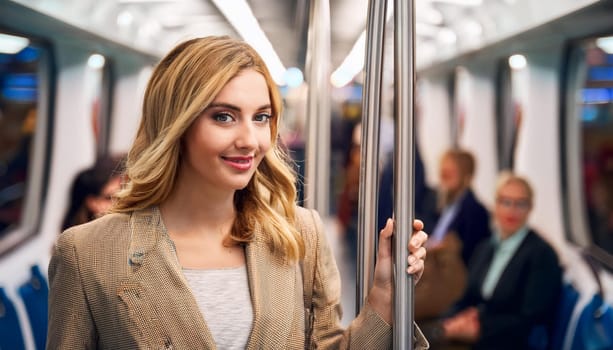gorgeous young woman on subway train, AI generated image