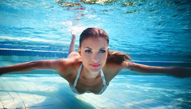 pretty young swimming woman in a swimming pool, AI generated image