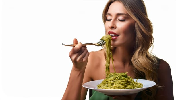 pretty young woman eating spaghetti al pesto, AI generated image