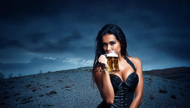 gorgeous young goth woman drinking beer in the rain, AI generated image
