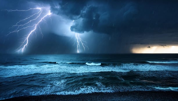 stormy weather at night with lightning at sea, AI generated image
