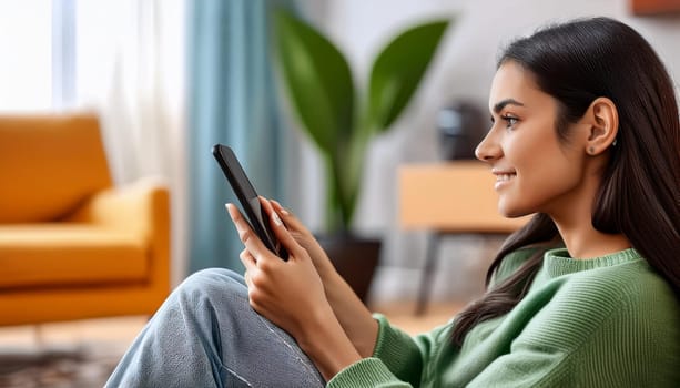 young female student seated on the floor with mobile phone, AI generated image