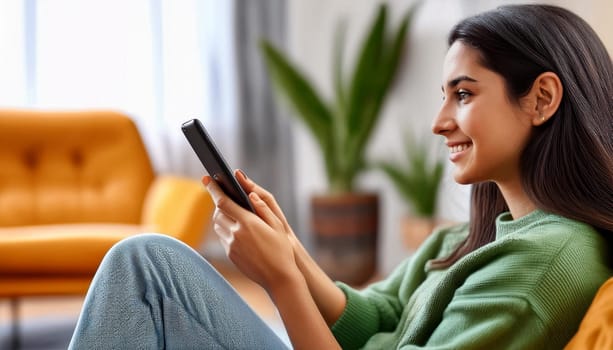 young female student seated on the floor with mobile phone, AI generated image