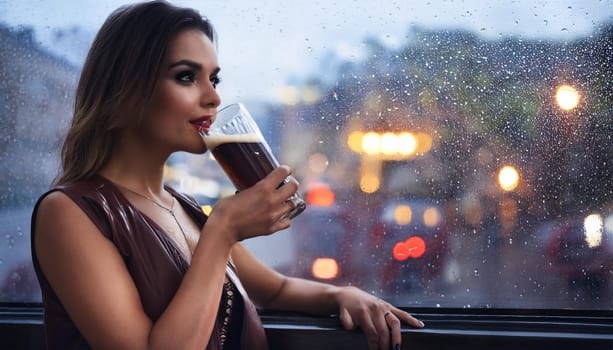 gorgeous young woman drinking beer in the rain outside pub, AI generated image