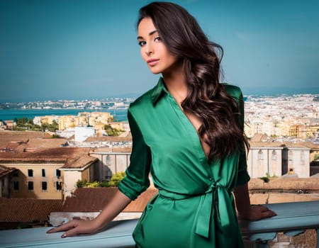 gorgeous woman in a green dress, AI generated image
