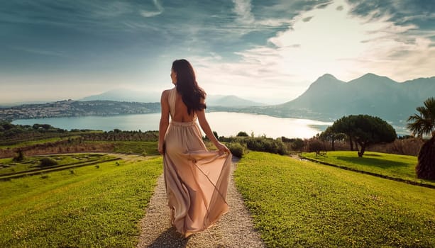 gorgeous elegant young woman walking in natural landscape, AI generated image