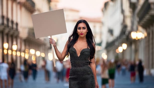 gorgeous young woman with blank sign, AI generated image