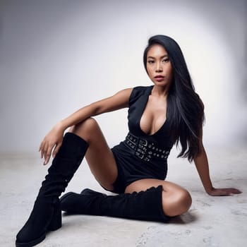 gorgeous young model woman dressed in little black dress with boots, AI generated image