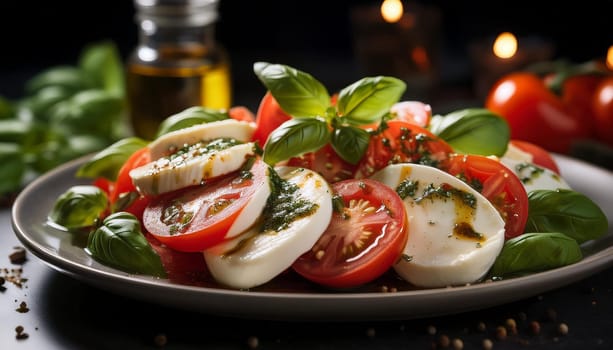 caprese salad dish with tomoatoes and mozzarella cheese, AI generated image
