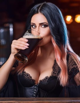 gorgeous young woman drinking beer at the pub, AI generated image