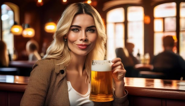gorgeous young woman drinking beer at the pub, AI generated image