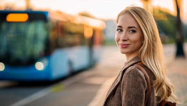 pretty young woman waiting for transport at bus stop, AI generated image