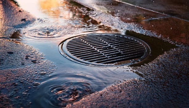 rain flowing down a drain manhole, AI generated image